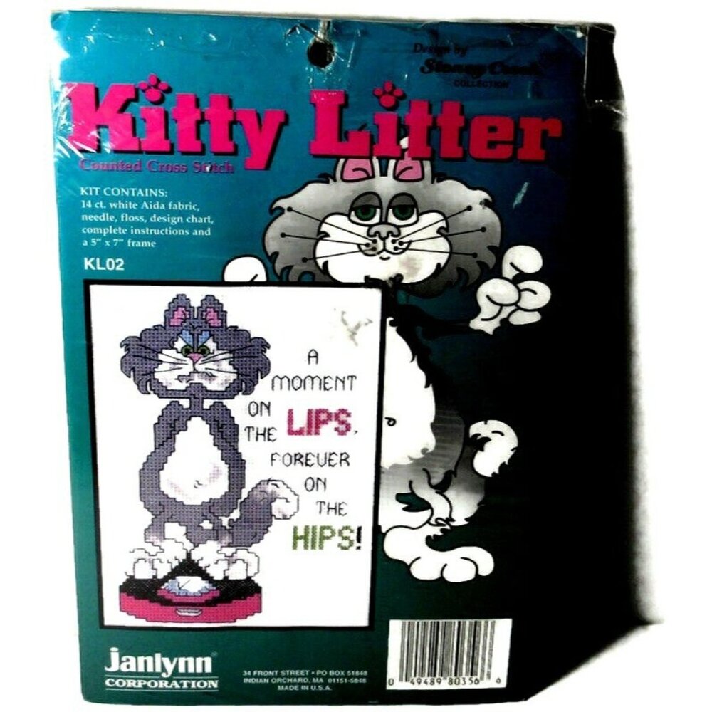 VTG Janlynn Cross Stitch Kit Kitty Litter Dieting Moment On Lips Forever On Hips